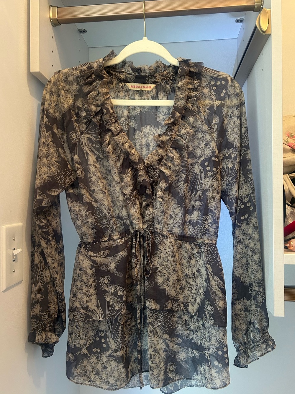 Rebecca Taylor Black and Beige Floral Ruffle V-Neck Blouse